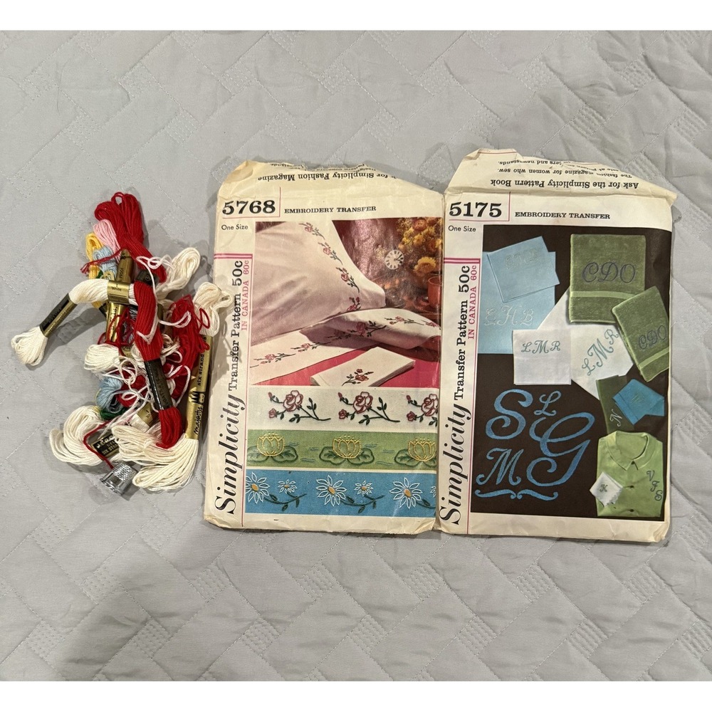 Vintage Cottage Core 1960's EmbroideryTransfer Simplicity Patterns with thread